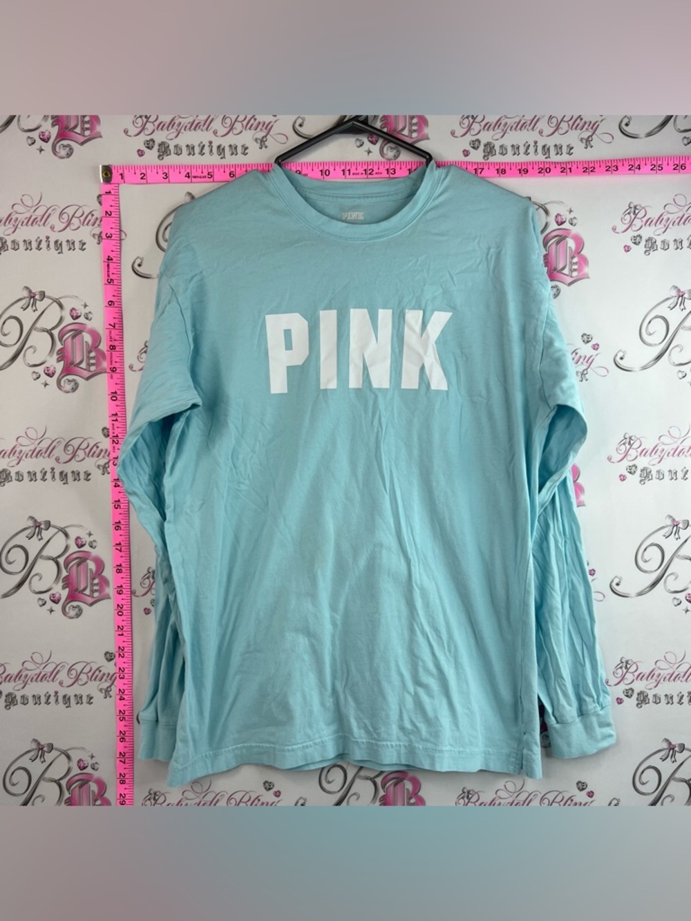 PINK Victoria's Secret shirt top Light Blue Long Sleeve Tee with White Logo